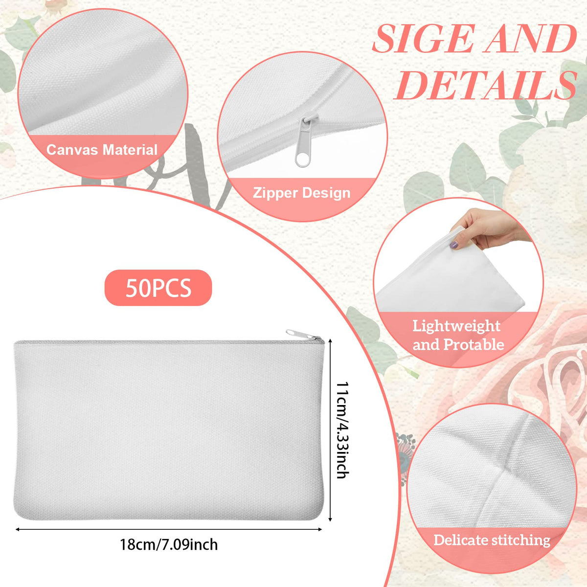 Frienda 50 Pcs Sublimation Blank Canvas Makeup Bags Bulk DIY Heat Transfer Canvas Pen Case Pencil