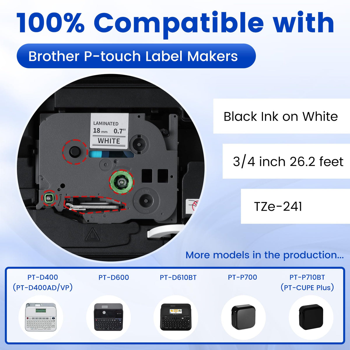 6-PK Replace for Brother P-Touch Label Tape 18mm .7 White Laminated TZe-241