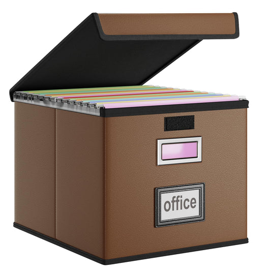 Huolewa Foldable File Organizer Box with Lids (1 Pack, Brown, Leather)