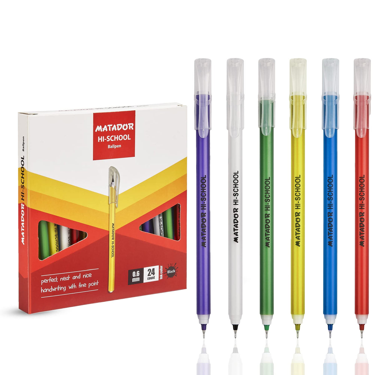 Matador HI-SCHOOL Ballpen, Fine-Point (0.6 mm), Black Ink, 6 different Colorful Bodies, Round