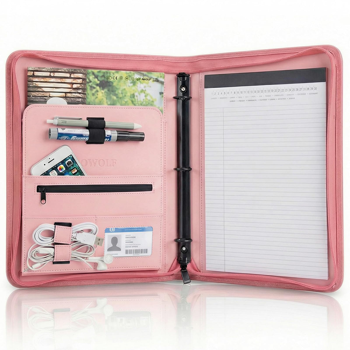 OOWOLF Padfolio Portfolio Folder, PU Leather Professional with 1 inch 3 Ring Binder 8.5 x 11 Letter