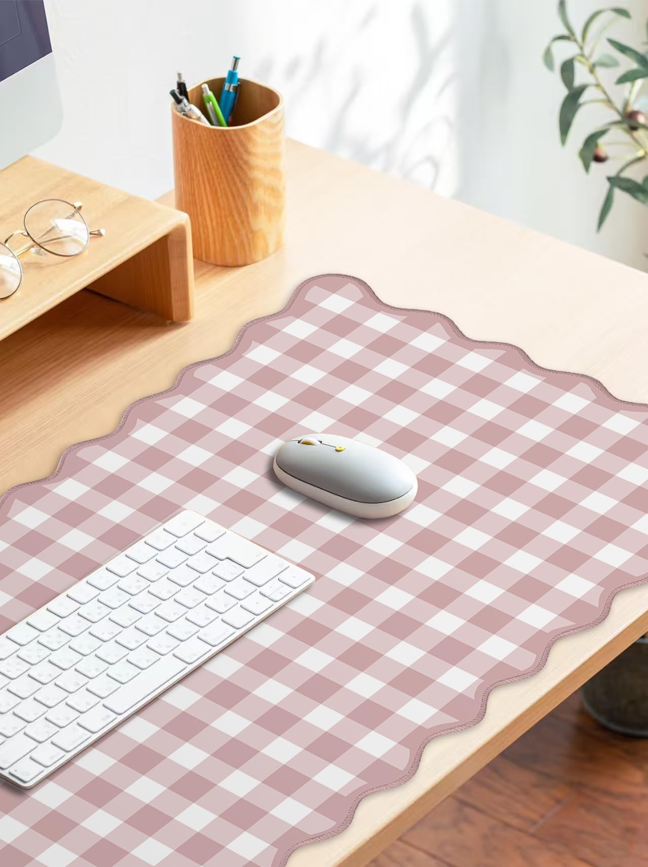 Scalloped‌ Pink Checkered Gingham Desk Mat Cute Pastel Large Mouse Pad Kawaii Cottagecore ‌Vintage‌