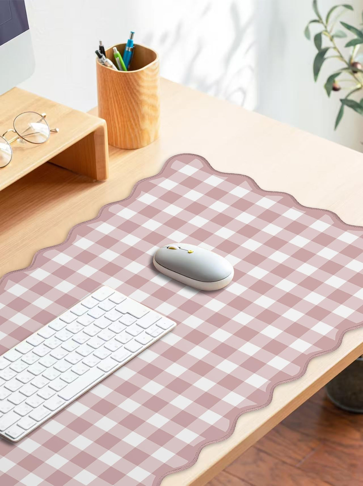 Scalloped‌ Pink Checkered Gingham Desk Mat Cute Pastel Large Mouse Pad Kawaii Cottagecore ‌Vintage‌