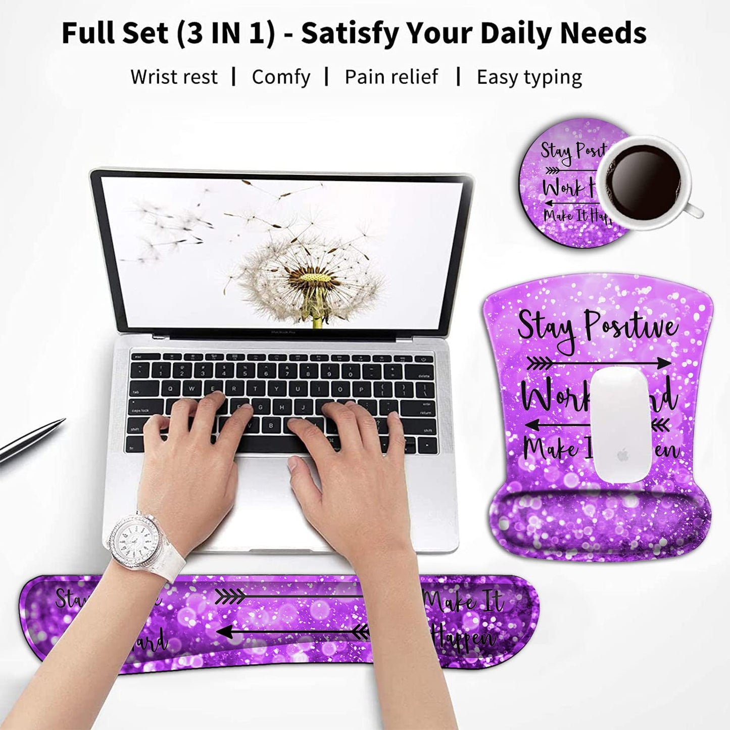 Keyboard Wrist Rest and Mouse Pad Wrist Support Set,Stay Positive Work Hard and Make It Happen