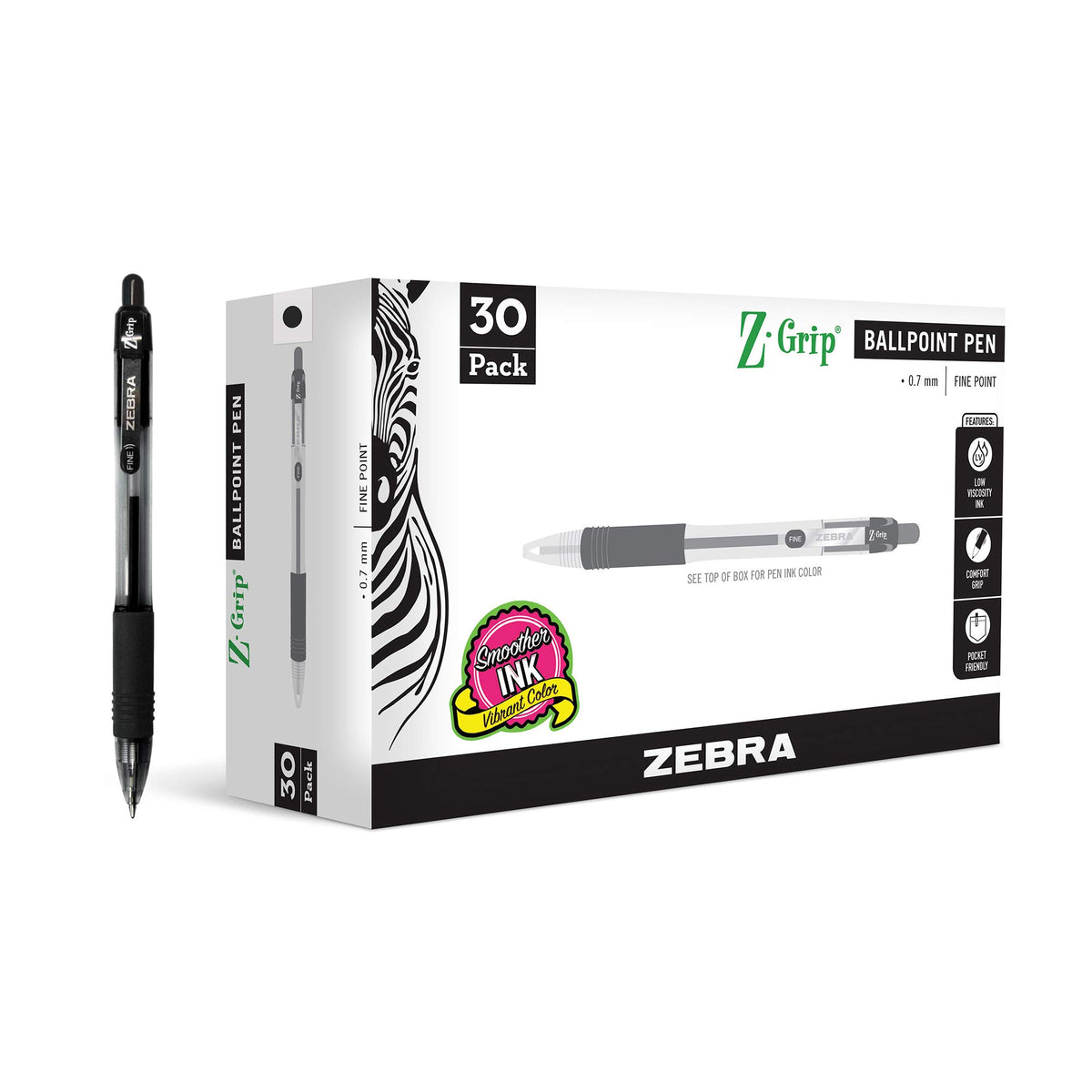 Zebra Pen Z-Grip Retractable Ballpoint Pen, Black Ink, 0.7mm, 30 Bulk-Pack