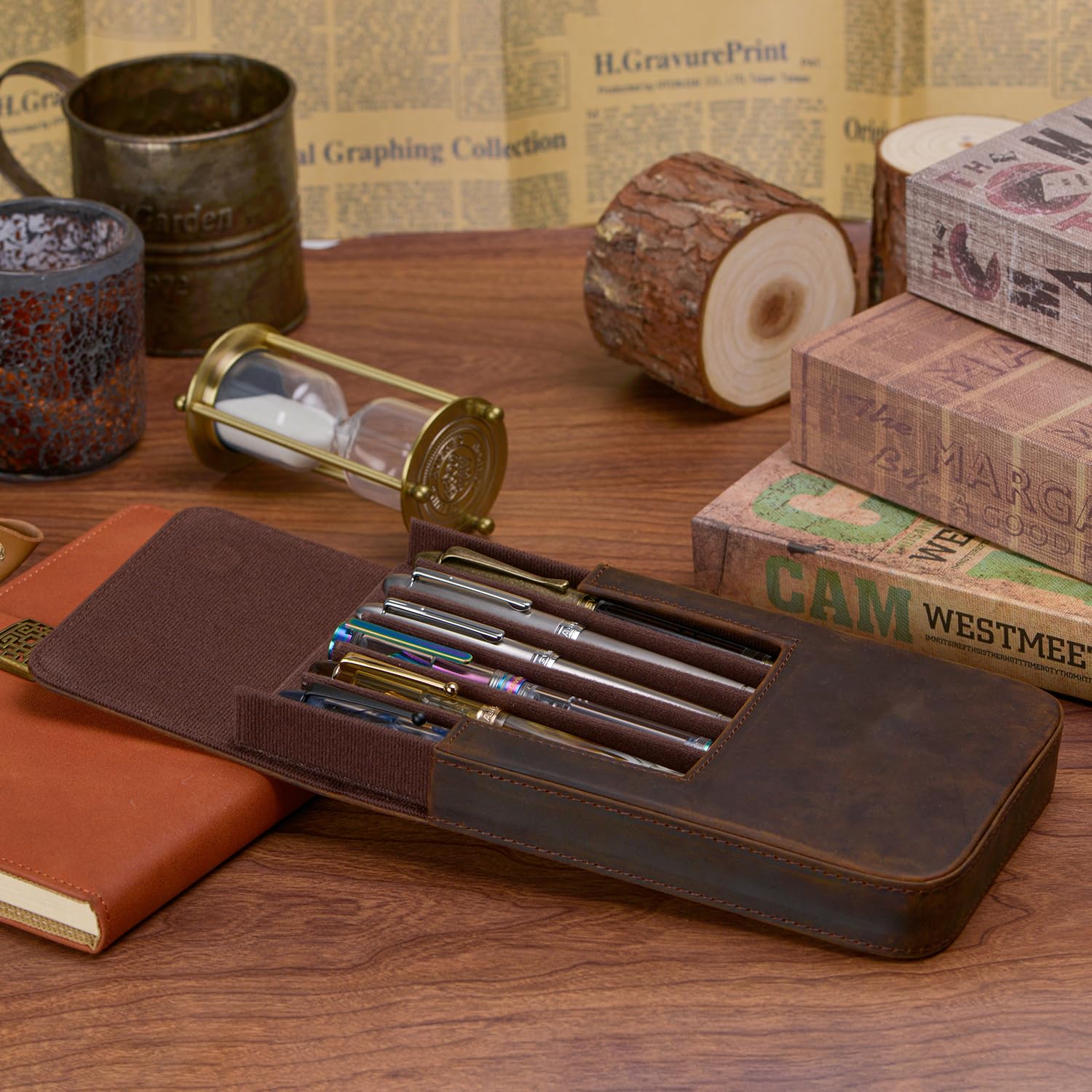 Lanxivi Genuine Leather Fountain Pen Case 6 Slot Crazy Leather Organizer, Portable Pen Bag Pouch