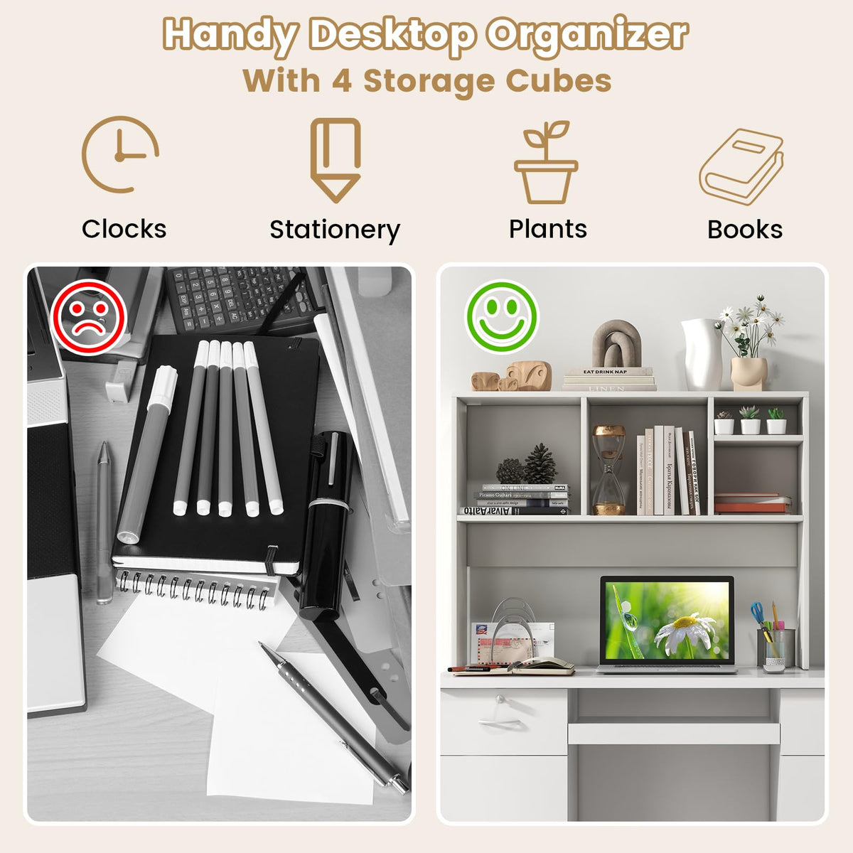 GIANTEX Desktop Bookshelf, Countertop Storage Hutch with 4 Shelves for Computer Desk, Dressing