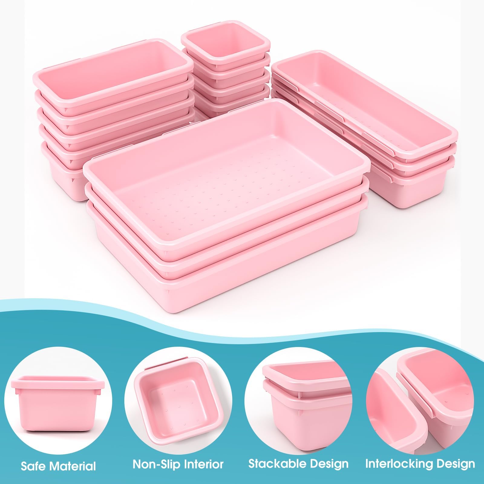 16 PCS Drawer Organizer Set, 4 Size Makeup Drawer Divider Organizer With Non-Slip Pads