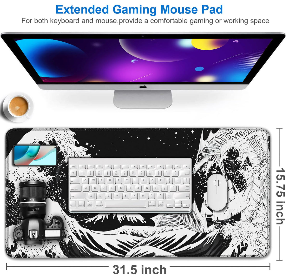 Gaming Mouse Pad, 31.5x15.7 inch Large Extended Computer Keyboard Mouse Mat, Water Resist Non-Slip