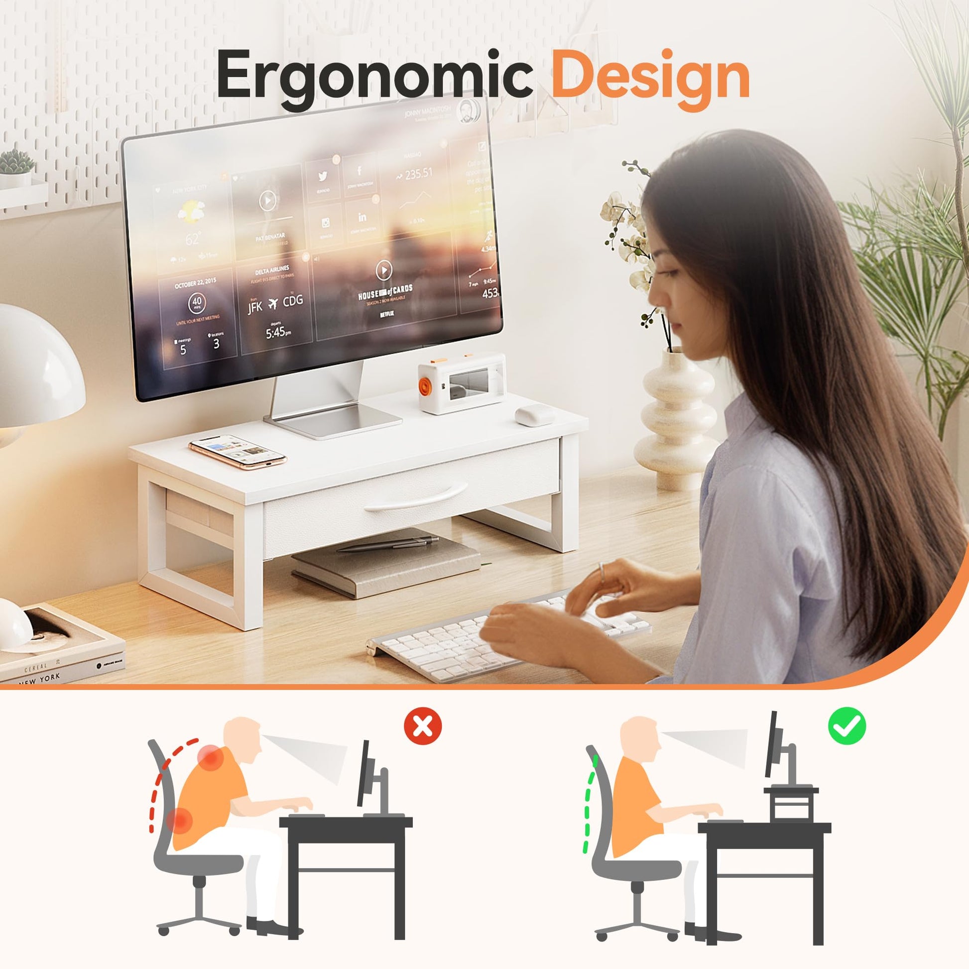 HEWORLIF Desk Organizers and Accessories, Computer Monitor Stand Riser with Drawer, White Laptop