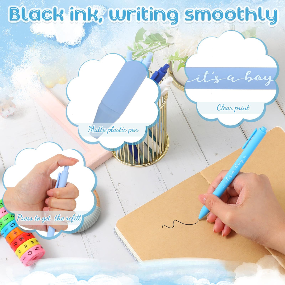 Chuangdi 50 Pack It's a Boy Party Baby Shower Pens Favors for Guests, Blue Gender Reveal Party