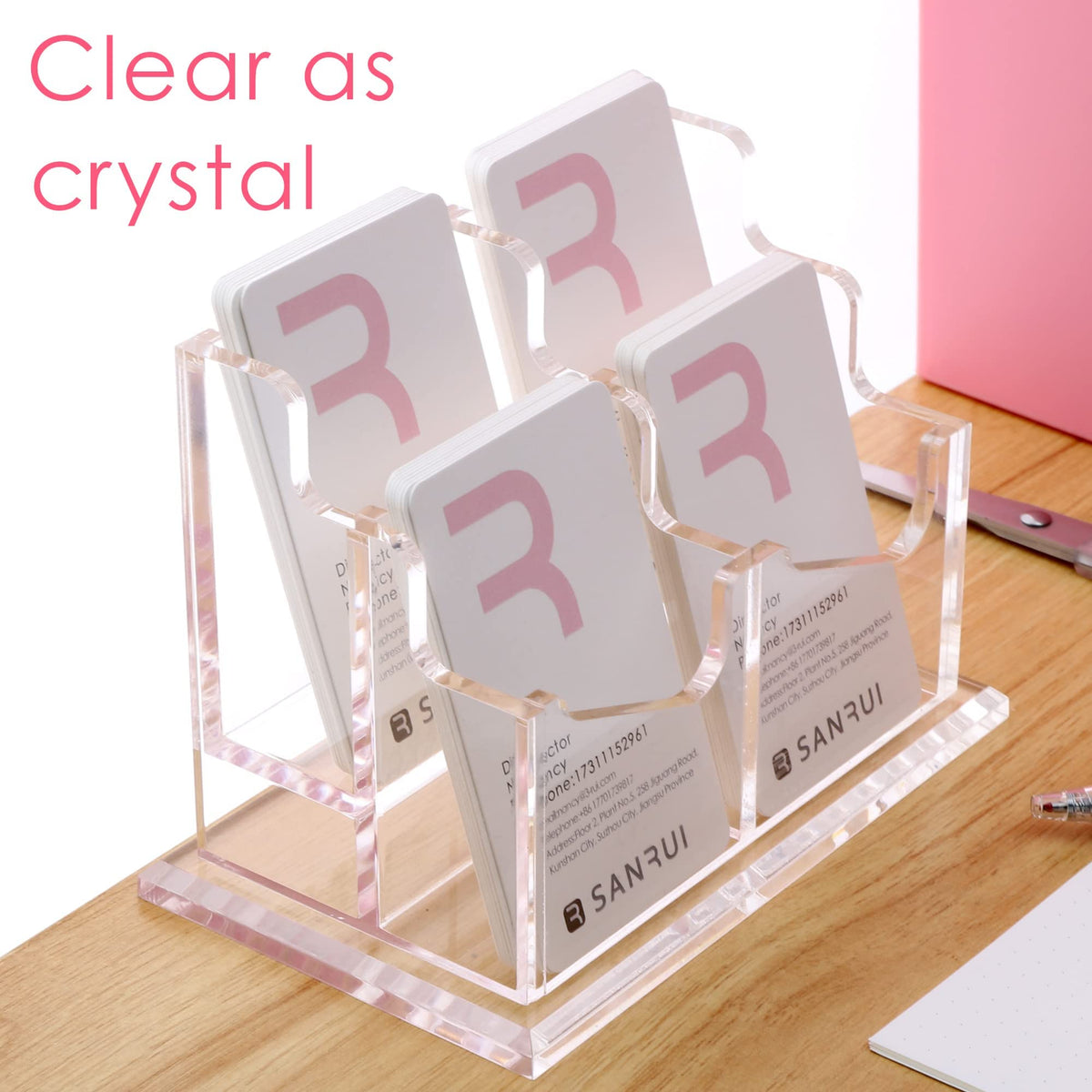 SANRUI Vertical Business Card Holder for Desk，Clear Acrylic Business Card Display Stand，4 Slots 2