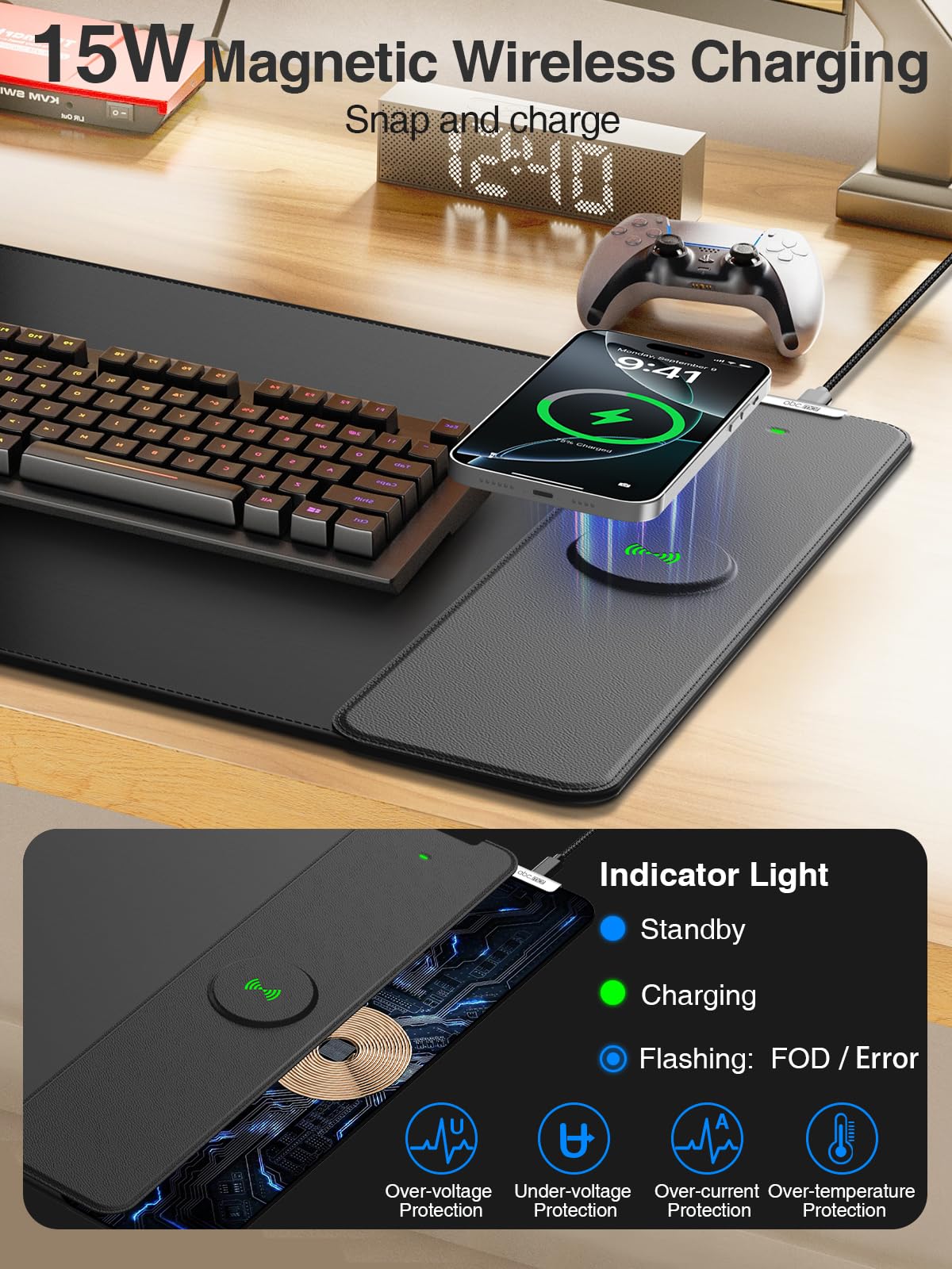 Magnetic Wireless Charging Mouse Pad, 31.5"x15.8" Large Desk Mat