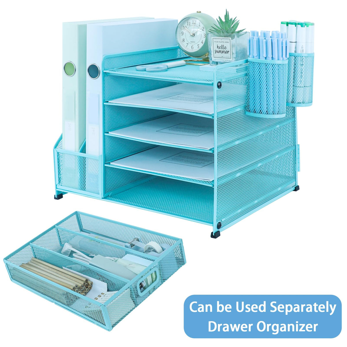 ideallife Desk Organiser with 2 Pack Magazine File Holder, 5-Tier Paper Tray Organiser with Drawer