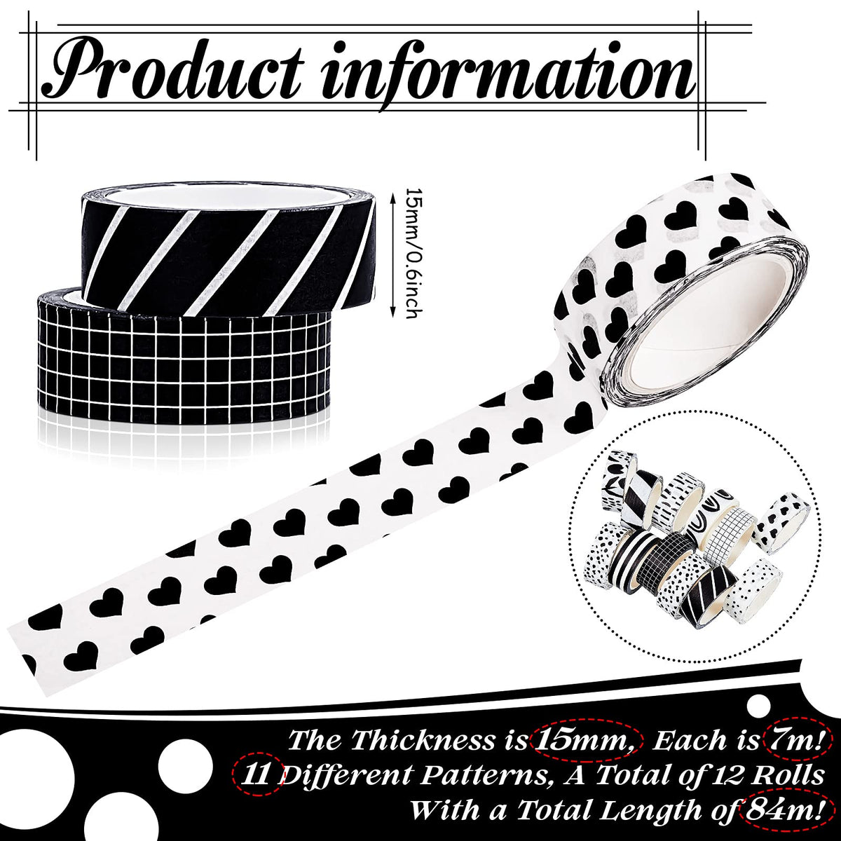 Outus 12 Rolls Black White Washi Tape Classroom Decor Masking Tape
