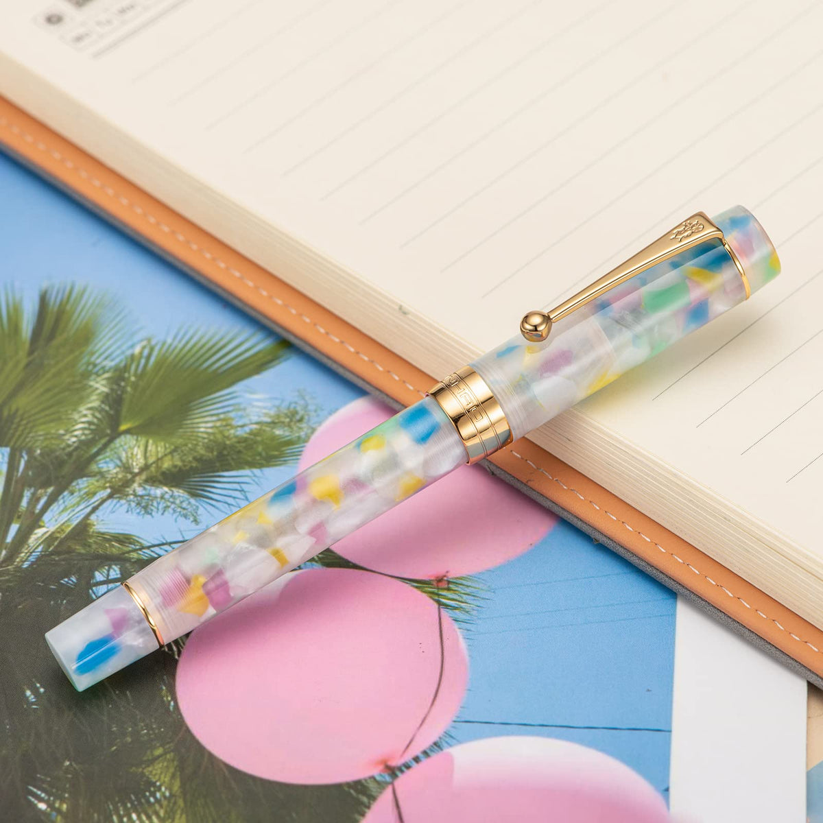 Jinhao 100 Fountain Pen Classic Style Rainbow Acrylic, Fine Point with Converter and Gold Trim Pen