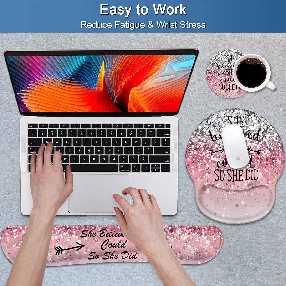 Keyboard Wrist Rest and Mouse Pad Wrist Support Set with Coasters, She Believed She Could So She