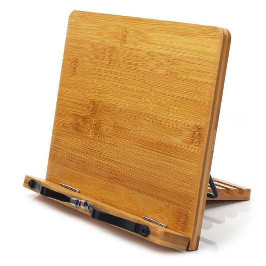 wishacc Bamboo Book Stand, Adjustable Book Holder Tray and Page Paper Clips-Cookbook Reading Desk