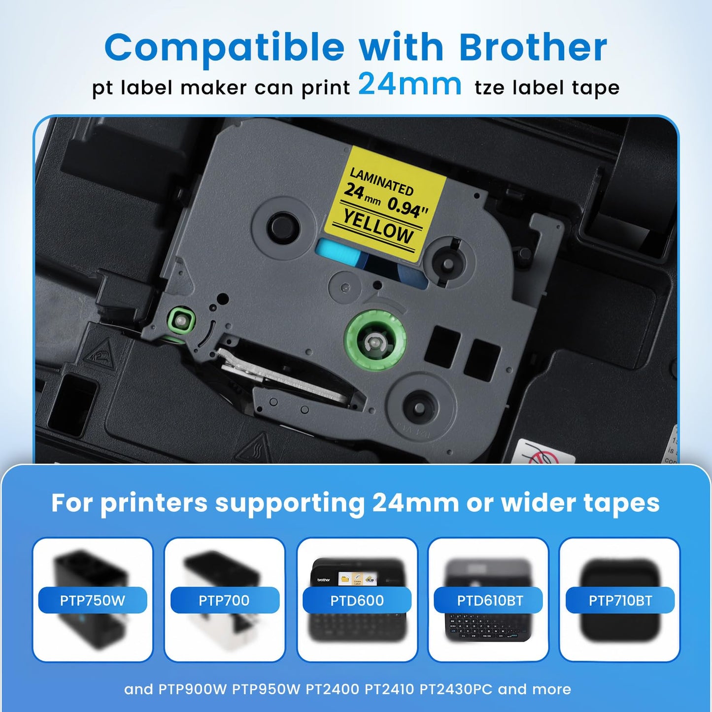 24mm 1 in Black on Yellow Label Tape Compatible with Brother PTouch TZe-651