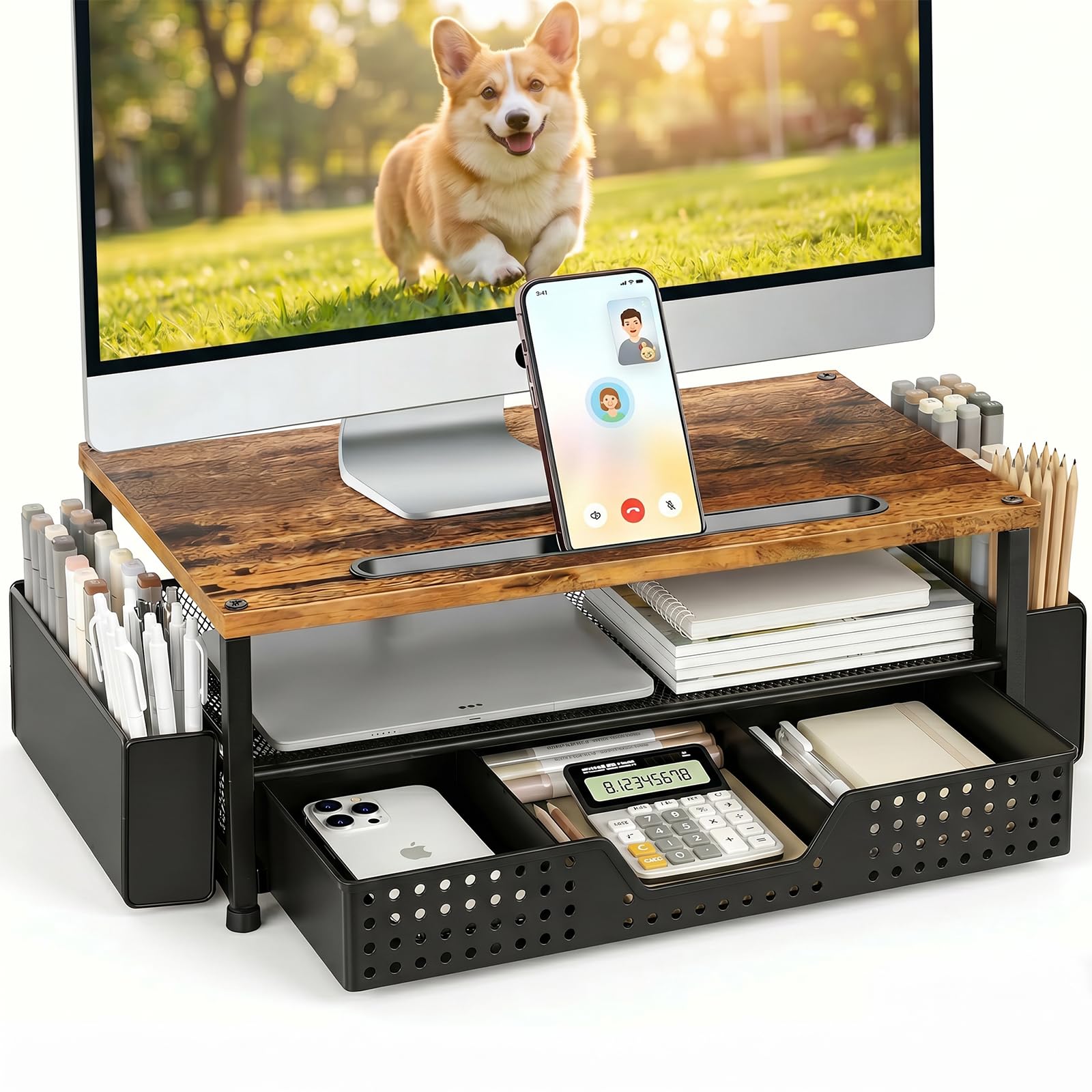Desk Organizer and Accessories, 2-Tier Computer Monitor Stand Rise with Phone Holder, Drawer & 2