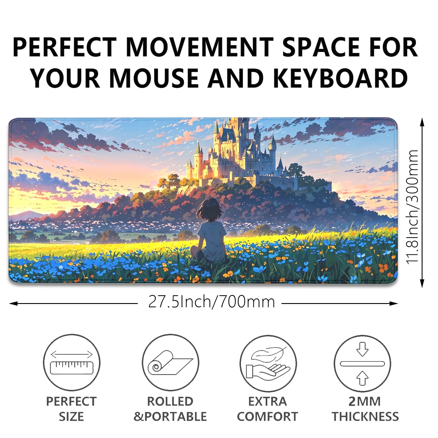 Cartoon Cute Fantasy Castle Sky Flowers Children Extended Desk Pad Mouse Pad,Stitched Edges
