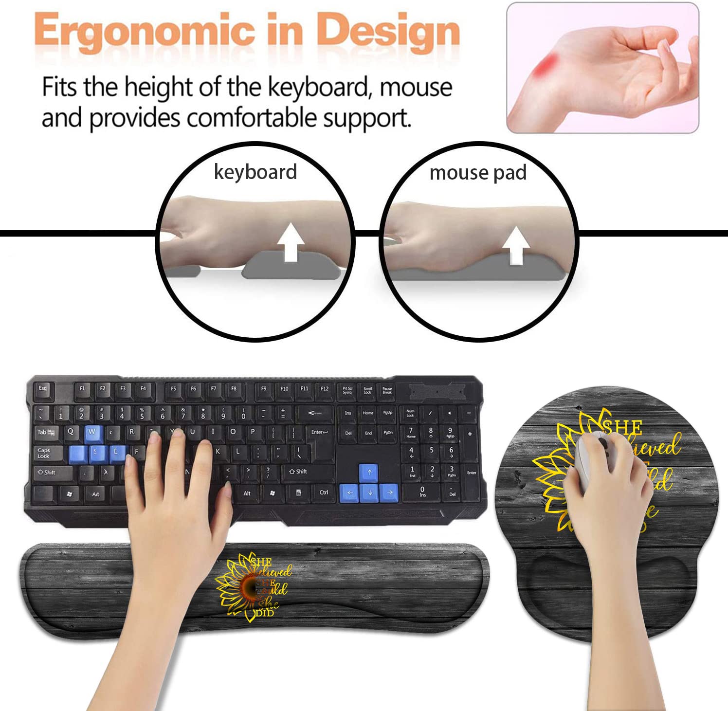 Keyboard Wrist Rest + Mouse Pad Wrist Support Set with Coasters, Inspirational Quote She Believed