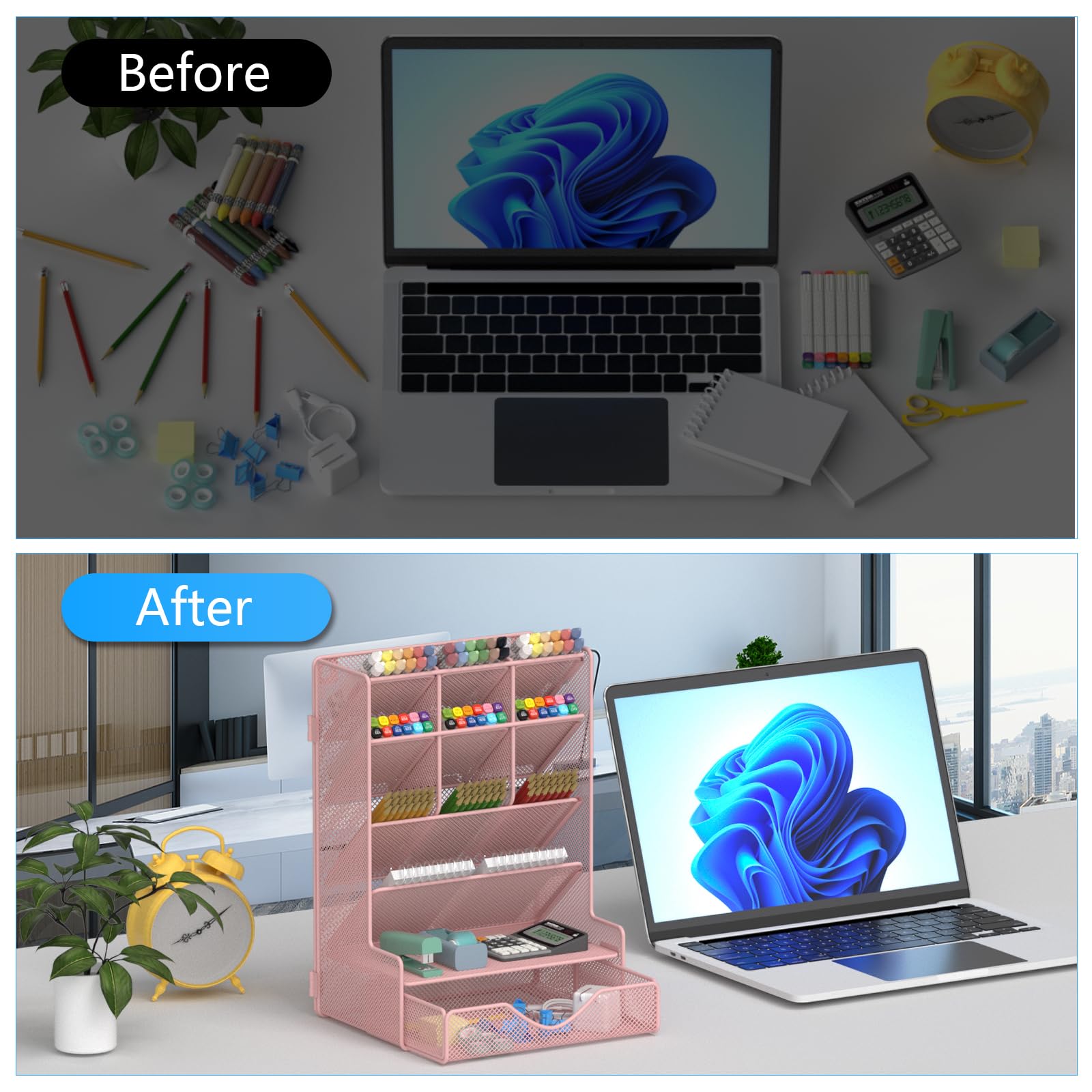 BOHDK Pen Organizer for Desk, Multi-Functional Desk Organizer, Wall Mount Pen Holder with Drawer