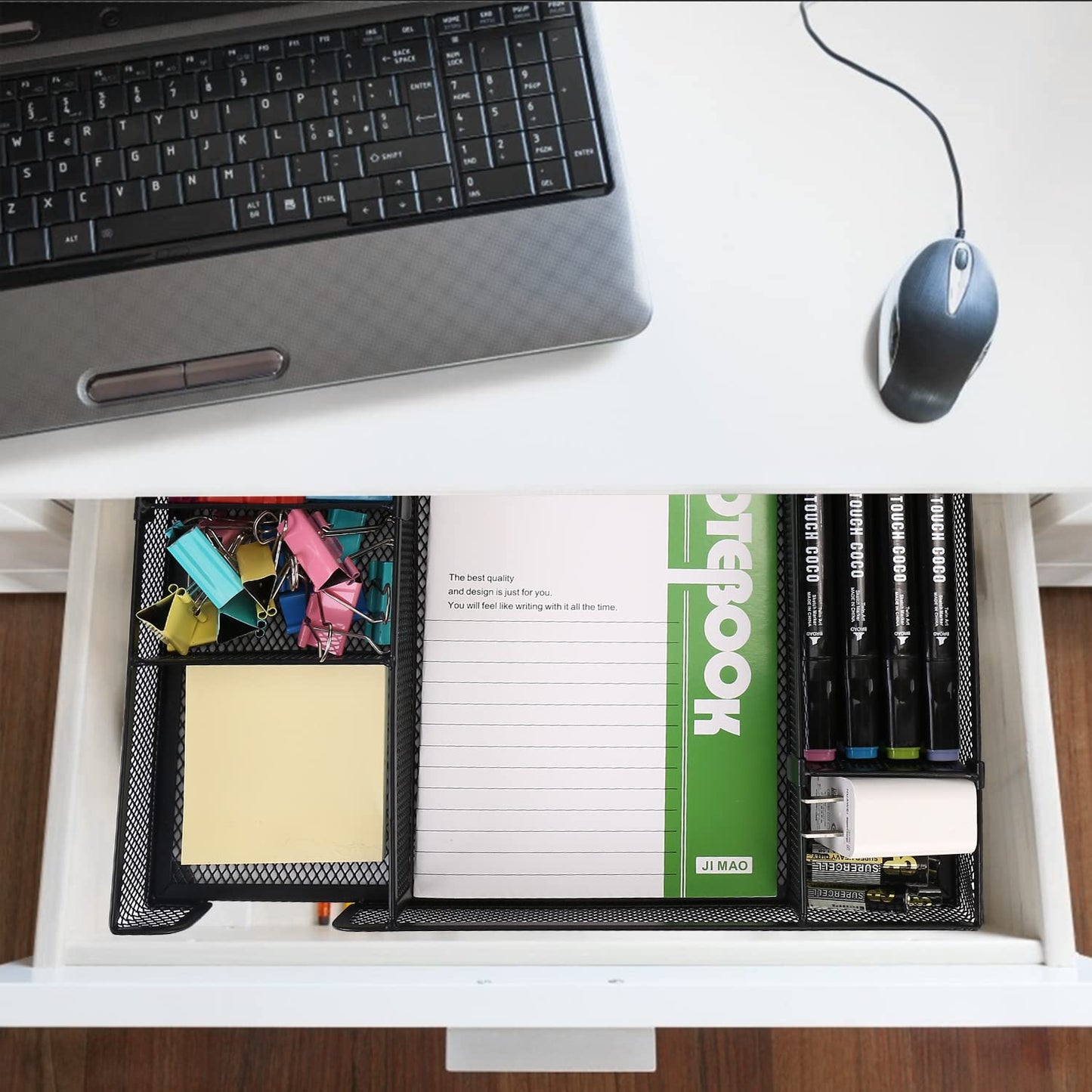 EsOfficce Desk Drawer Organizer Tray with Adjustable Compartments, 6 Grid Metal Mesh Drawer
