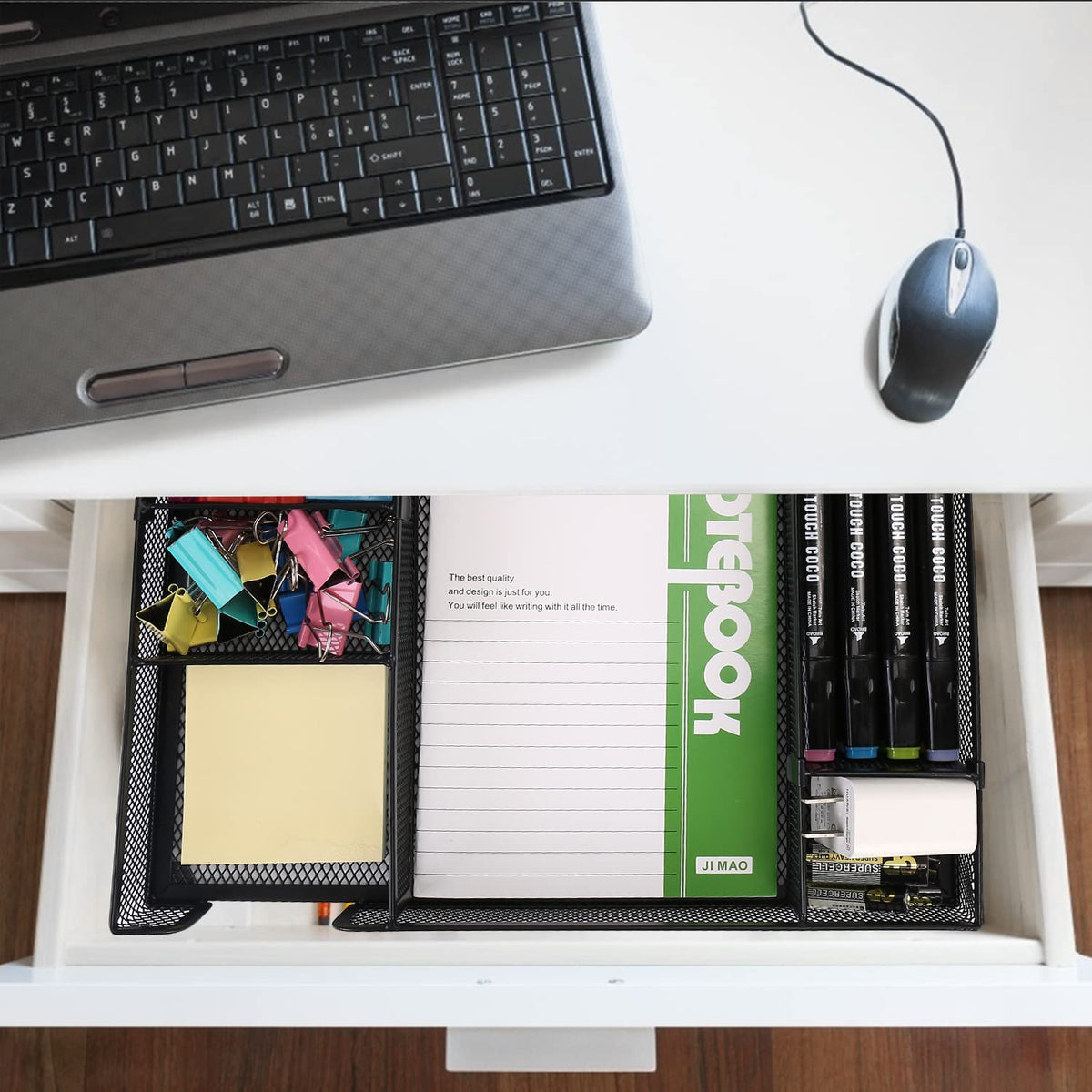 EsOfficce Desk Drawer Organizer Tray with Adjustable Compartments, 6 Grid Metal Mesh Drawer