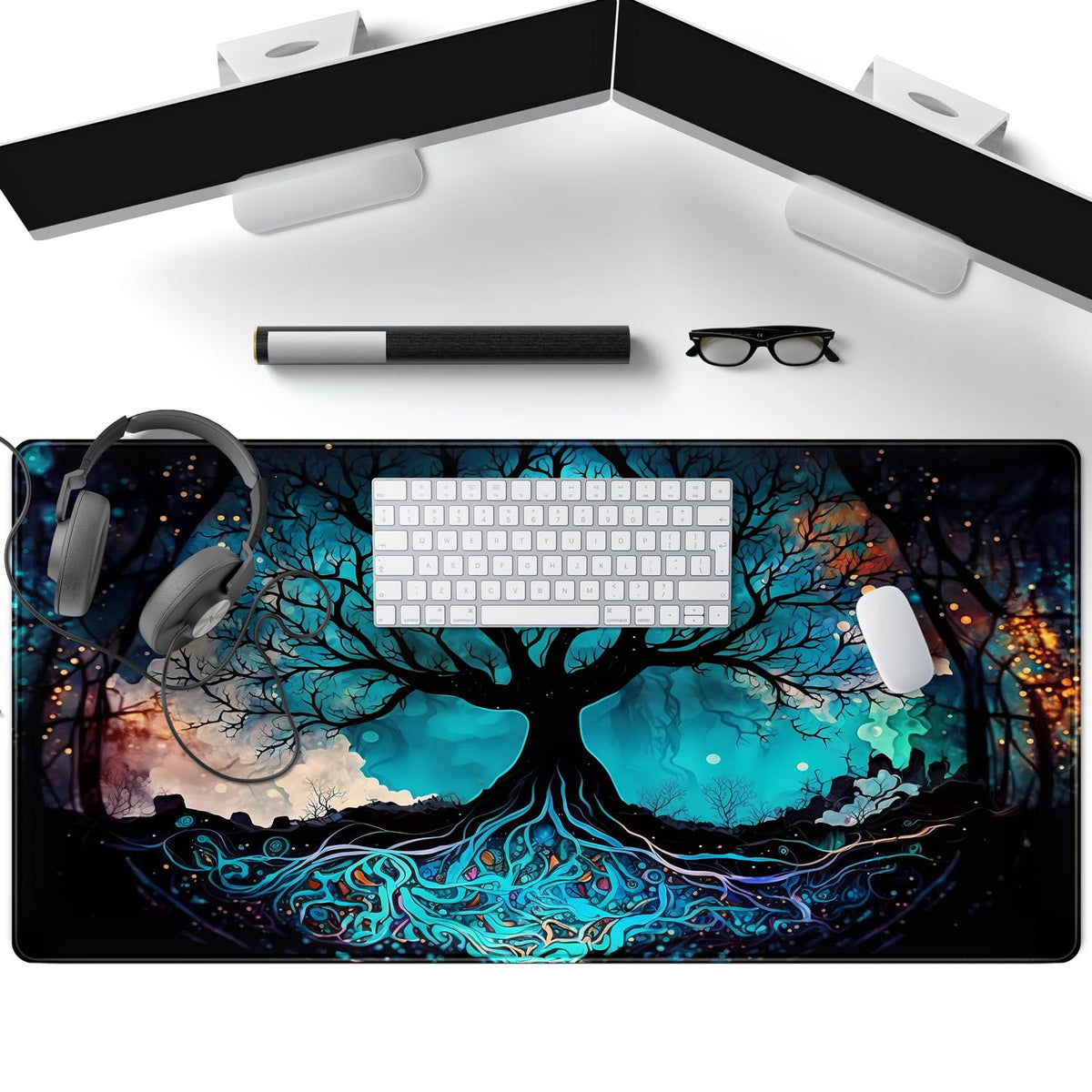 Vintage Blue AI Original Desk Mat Life Tree Aesthetics Desk Pad Large Flower Mouse Pad XXL Plant