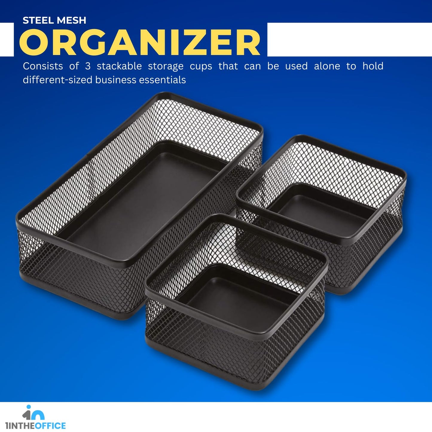 1InTheOffice Mesh Collection Desk Drawer Organizer Tray 3 Compartment - Stackable, Matte Black