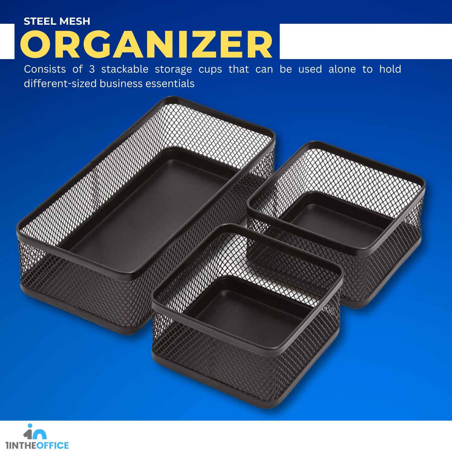 1InTheOffice Mesh Collection Desk Drawer Organizer Tray 3 Compartment - Stackable, Matte Black