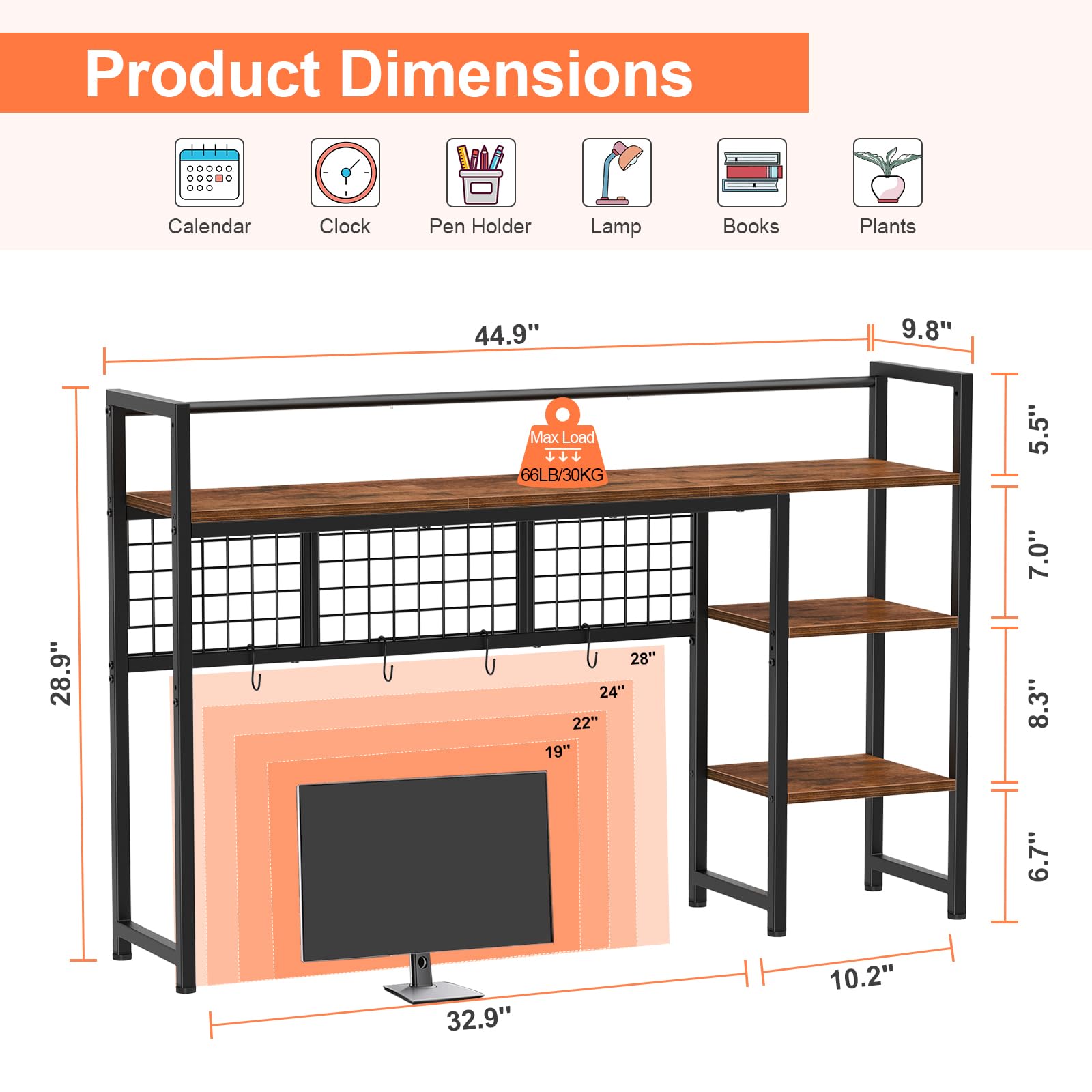 Snughome Desk Shelf, 44.9" Desktop Organizer Shelf, Desk Hutch for Computer Monitor, 4 Tier Desk