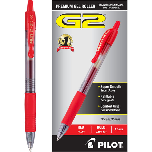 PILOT G2 Premium Gel Roller Pens, Bold Point 1 mm, Red Pens, Pack of 12