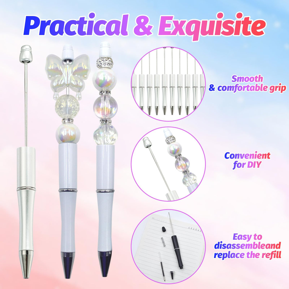 DASTTUIS 300 Pieces DIY Beadable Pens Kit - 100 plastic Beadable Pens Bulk, Refills & pen bags