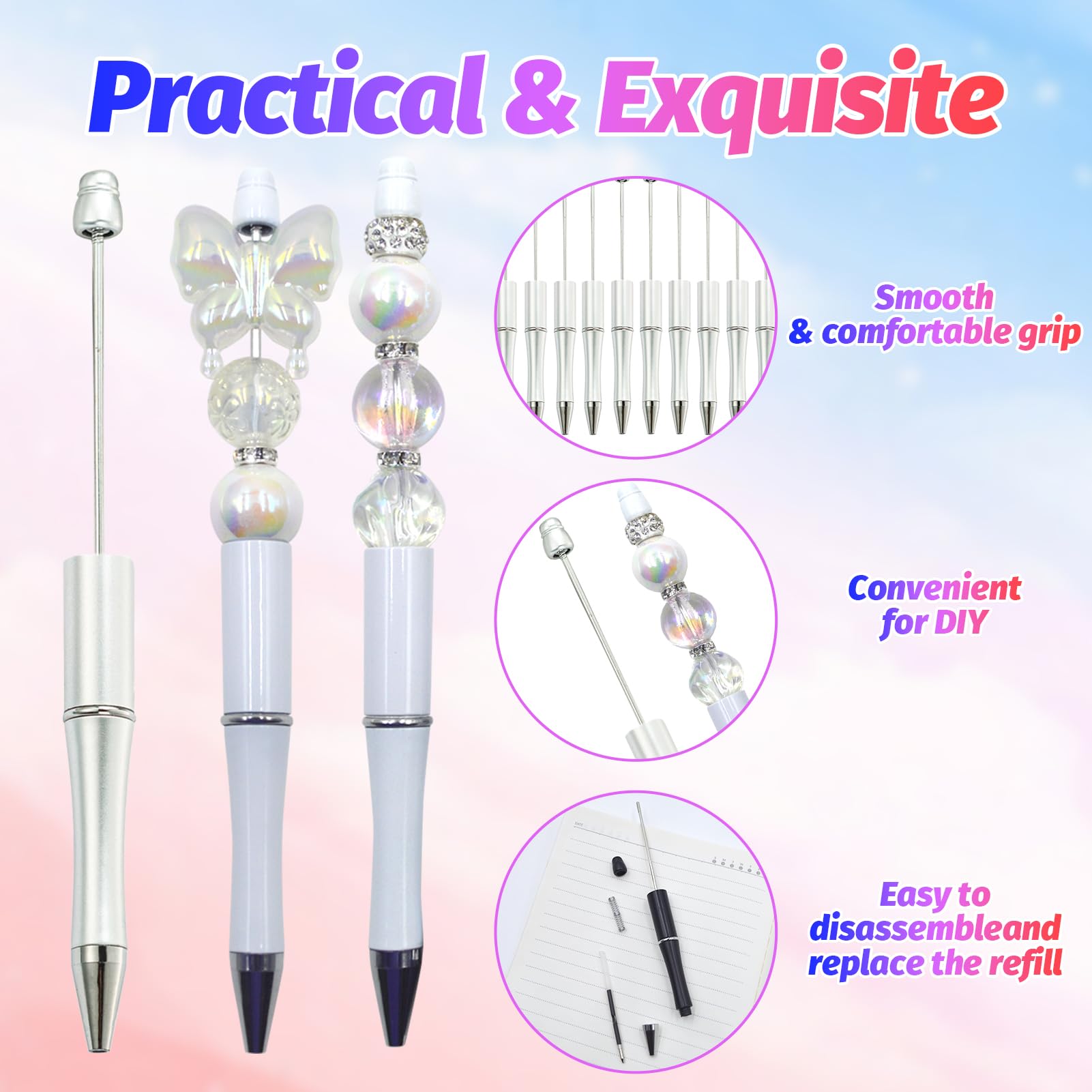 DASTTUIS 300 Pieces DIY Beadable Pens Kit - 100 plastic Beadable Pens Bulk, Refills & pen bags