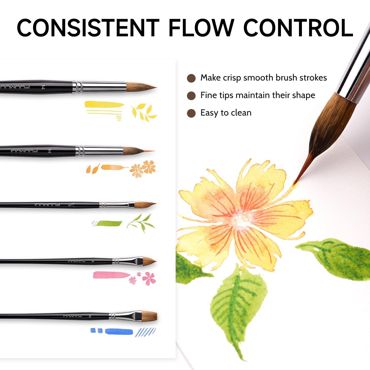 Watercolor Brush Set, Fuumuui 7pcs Professional Sable Paint Brushes with Extended Needle, Round