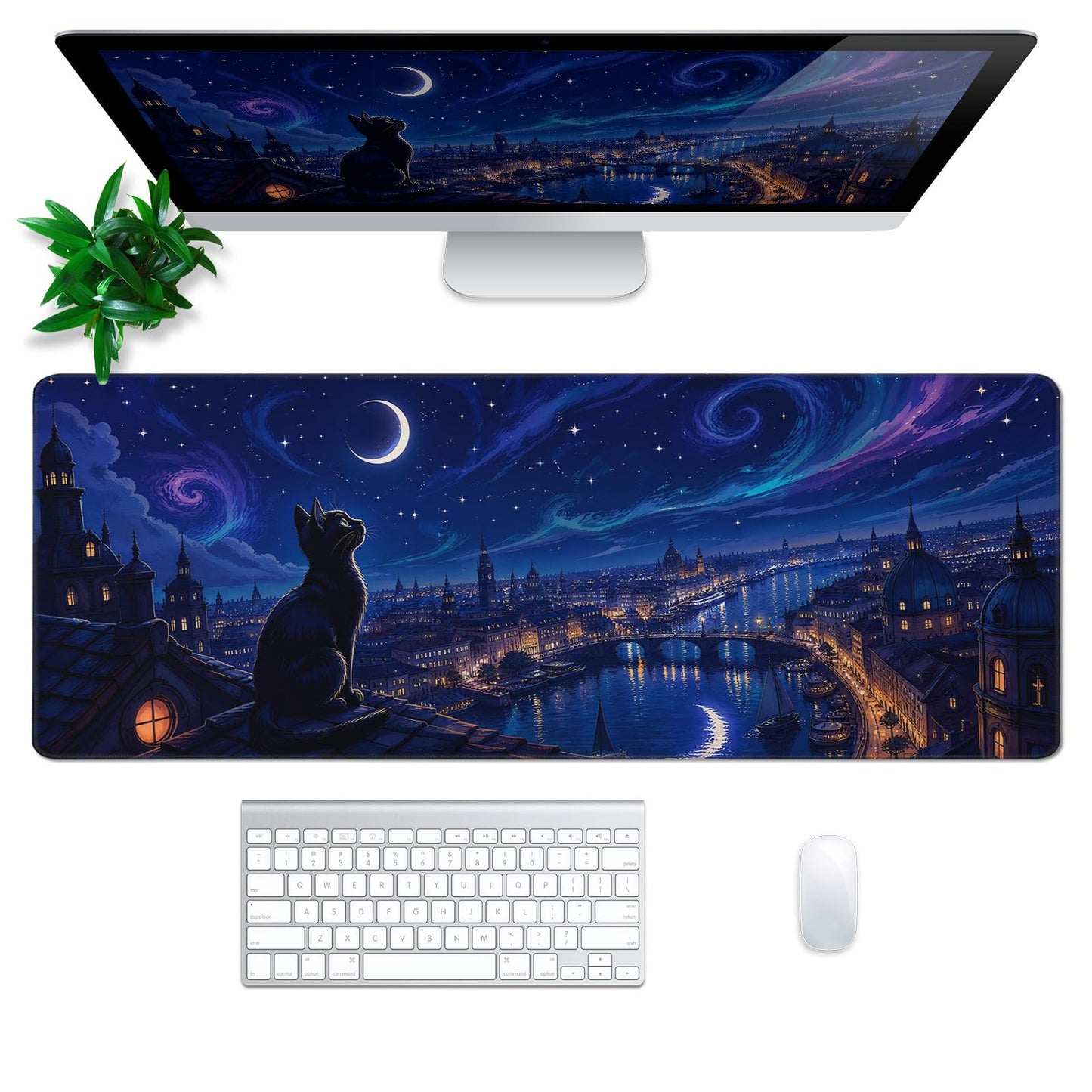 Starry Night Cat Mouse Pad Desk Mat XL Extended Large Gaming Desk Pad Mousepad, Oil Painting Art