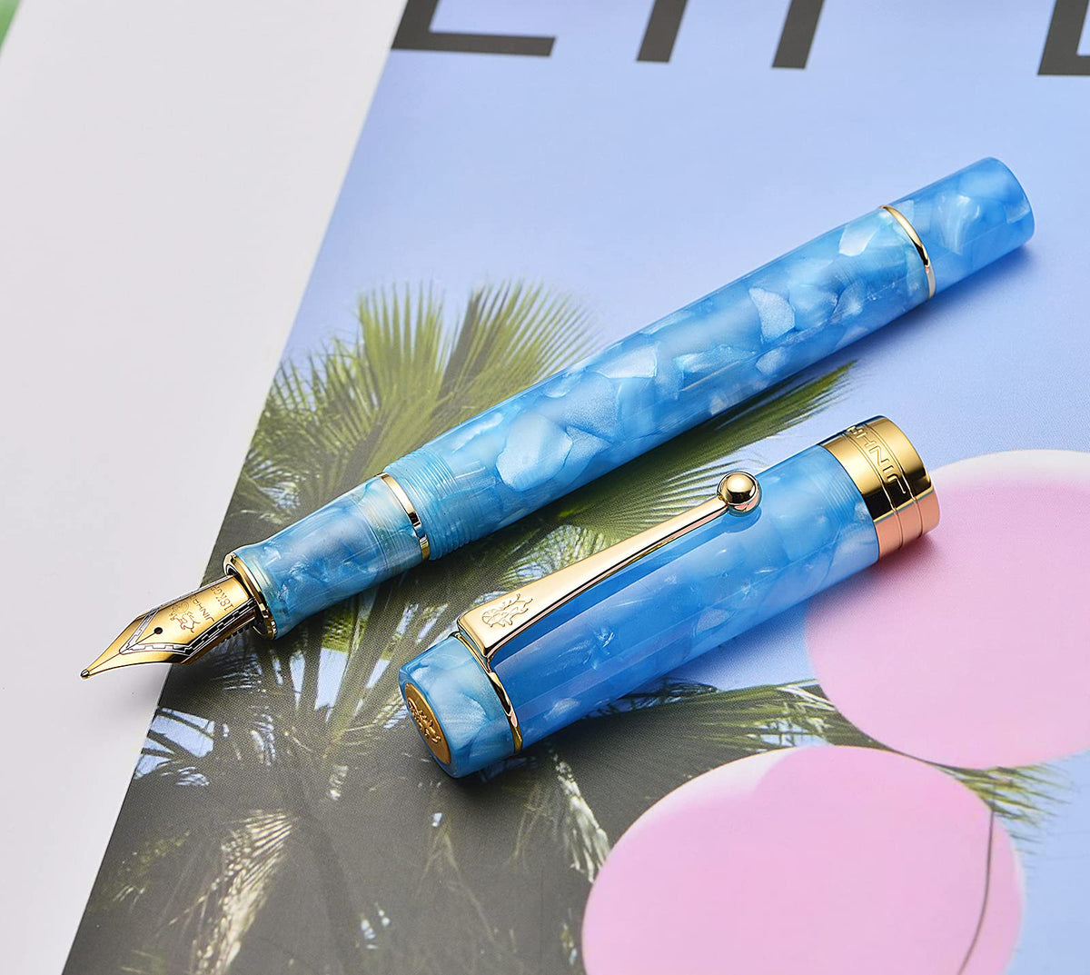 Jinhao 100 Classic Fountain Pen Sky Blue Acrylic Gold Trim, Fine Point with Converter and Pen Case