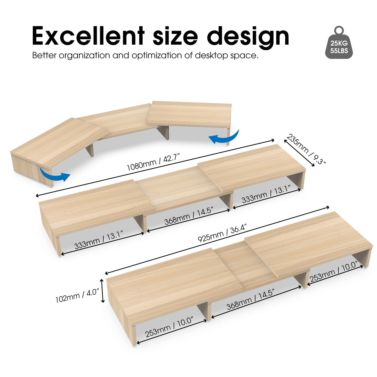 FITUEYES Dual Monitor Stand Riser, Adjustable Length and Angle, Oak