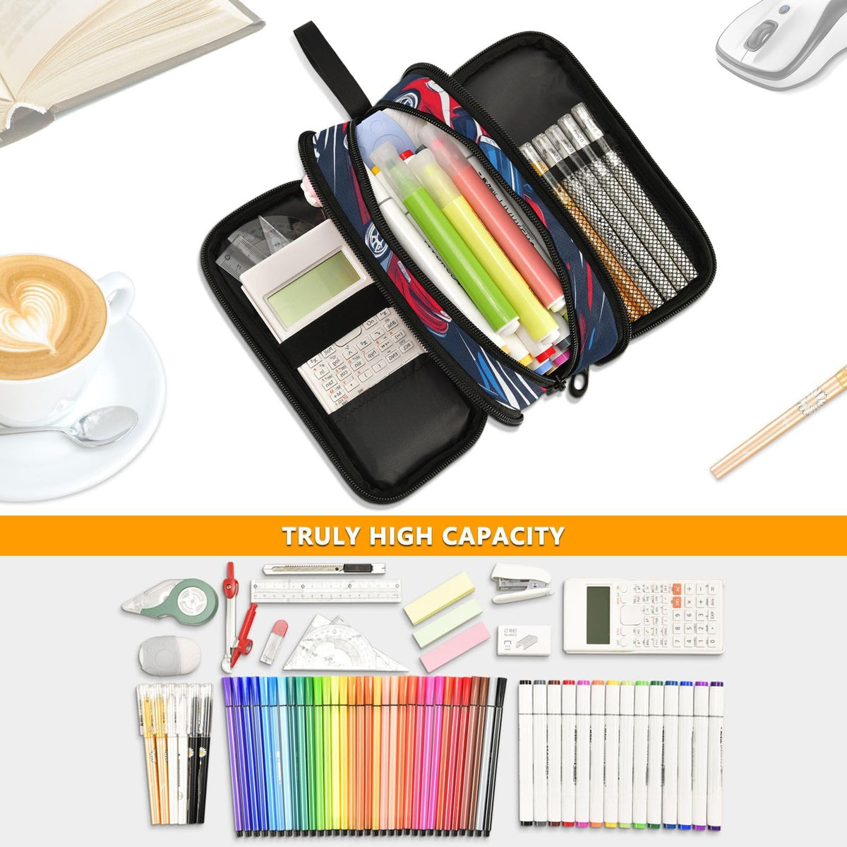 BOENLE Sports Racing Cars Pencil Case Box Boys Girls Large Pencil Pouch Zipper Compartments Big