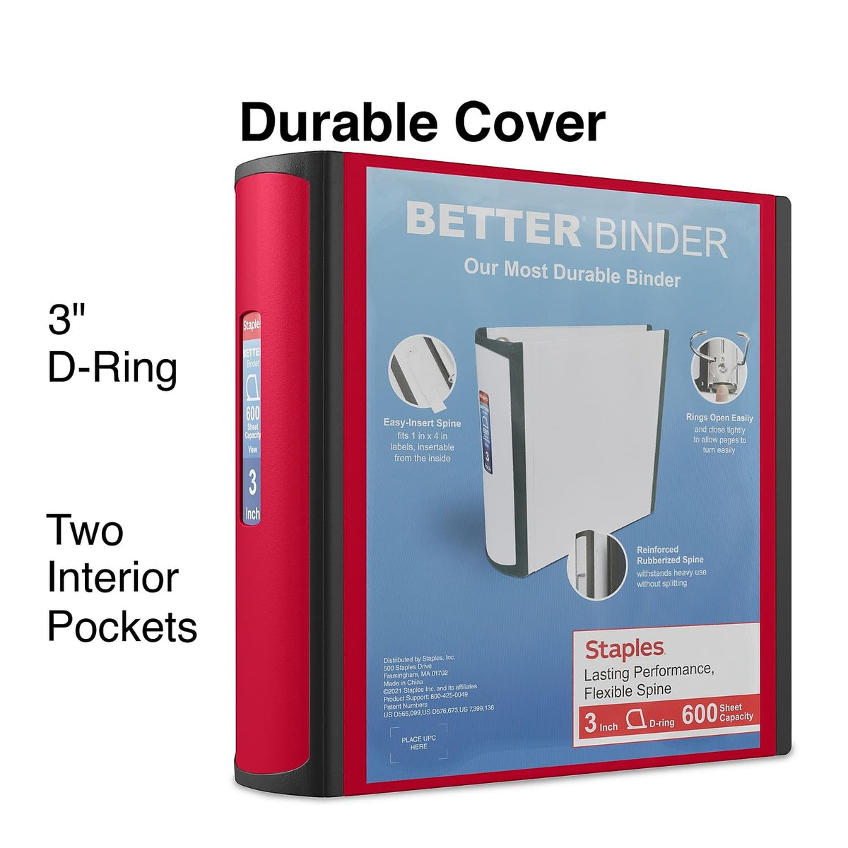 Staples Heavy-Duty 3-Inch D-Ring Binder, Red, Vinyl Cover, 600 Sheets