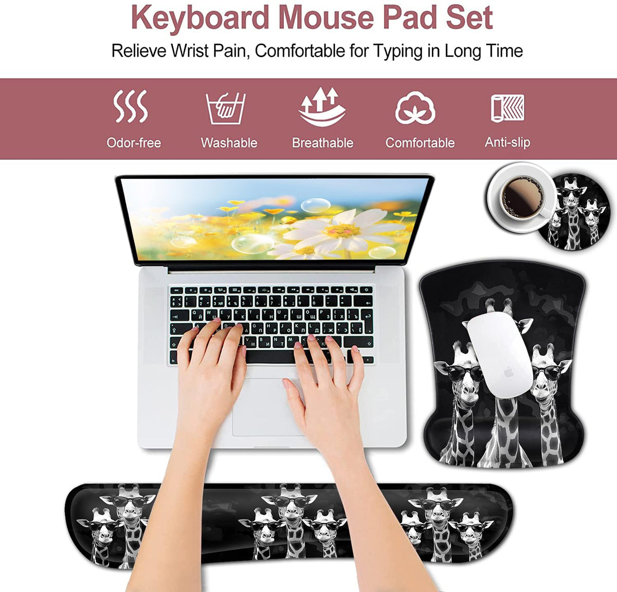 Rectangular Mouse Pad Wrist Protector-Printed with Cool Giraffes, Ergonomically Non-Slip Rubber