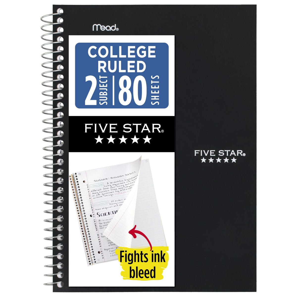Five Star Spiral Notebook, 2 Subject, College Ruled Paper, 6" x 9-1/2", 80 Sheets, Fights Ink