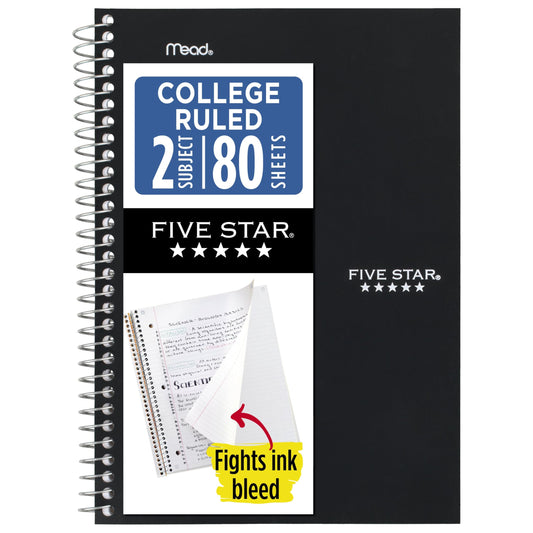 Five Star Spiral Notebook, 2 Subject, College Ruled Paper, 6" x 9-1/2", 80 Sheets, Fights Ink