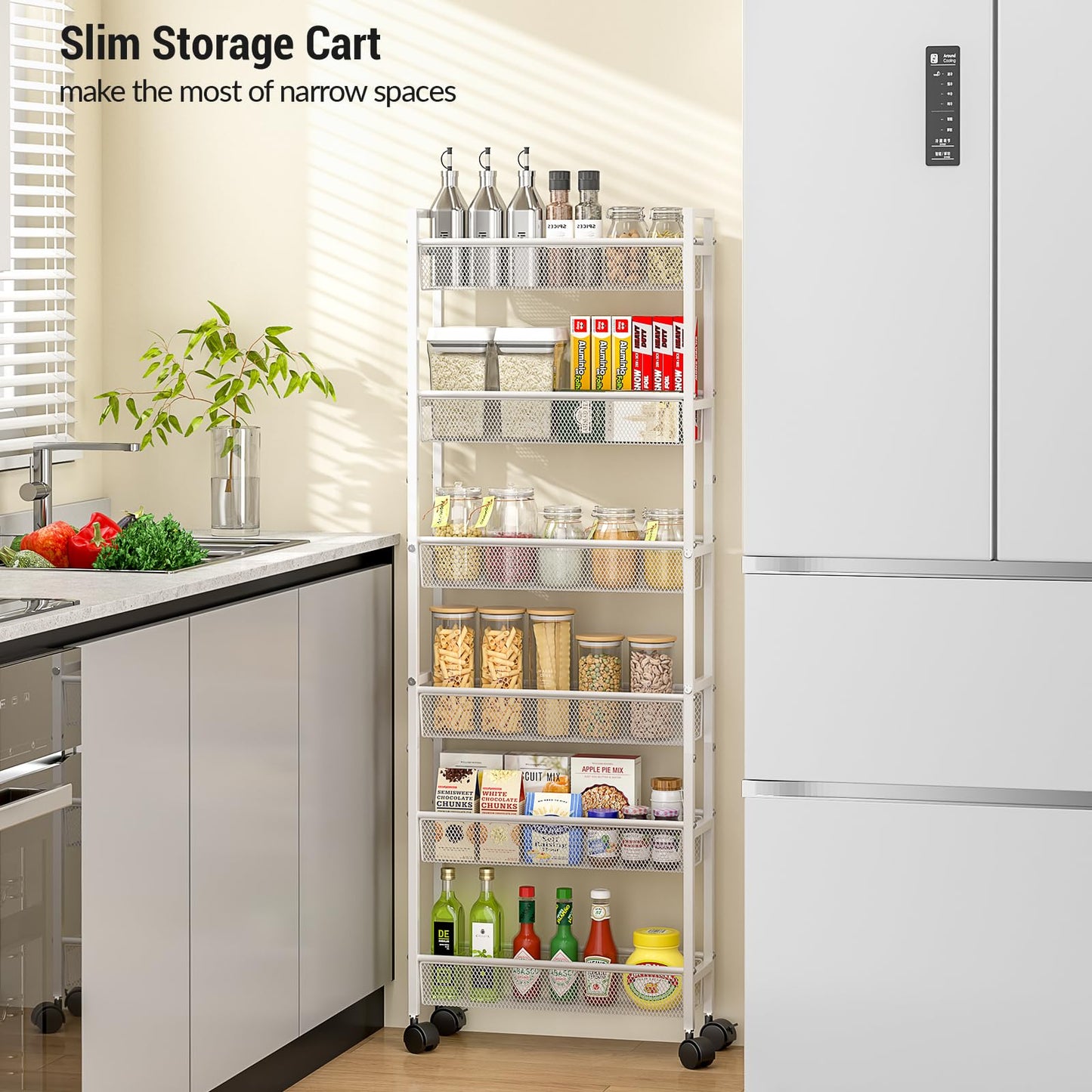 ThreeHio 6 Tier Slim Storage Cart, Narrow Cart with Wheels, Metal Mobile Shelving Unit Organizer