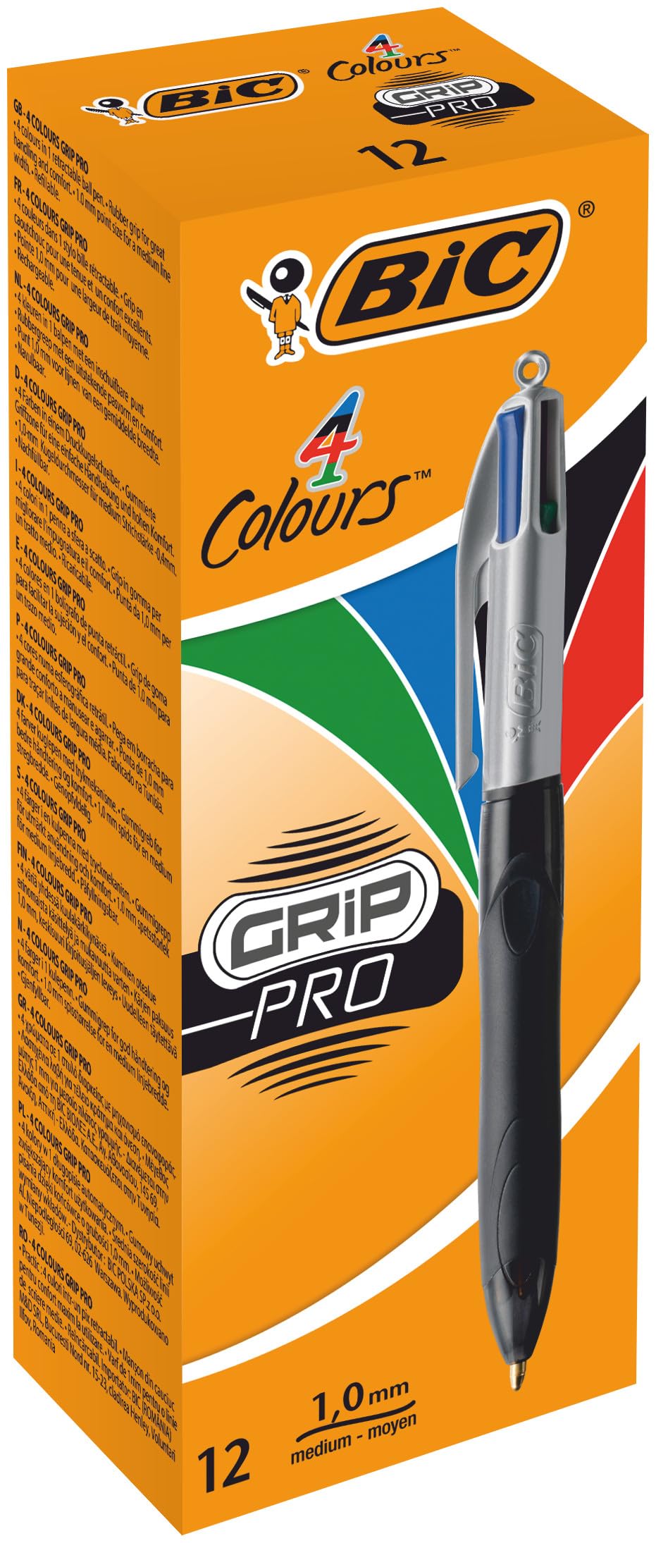 BIC 4 Colours Grip Pro Retractable Medium Point (1.0 mm) Ballpoint Pens, 12 Pens and Each Pen