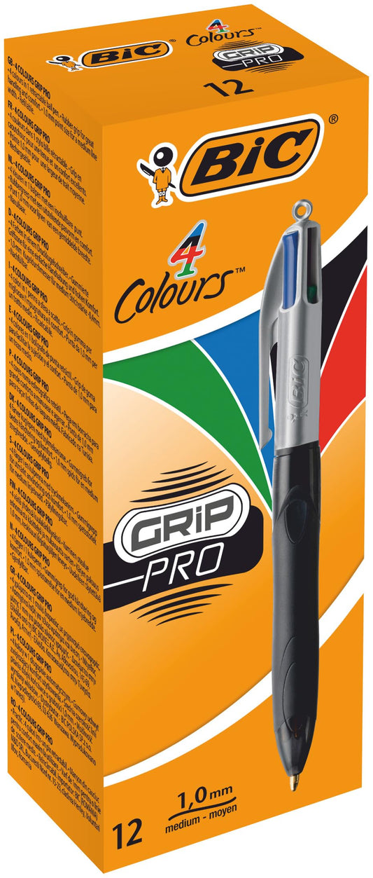 BIC 4 Colours Grip Pro Retractable Medium Point (1.0 mm) Ballpoint Pens, 12 Pens and Each Pen
