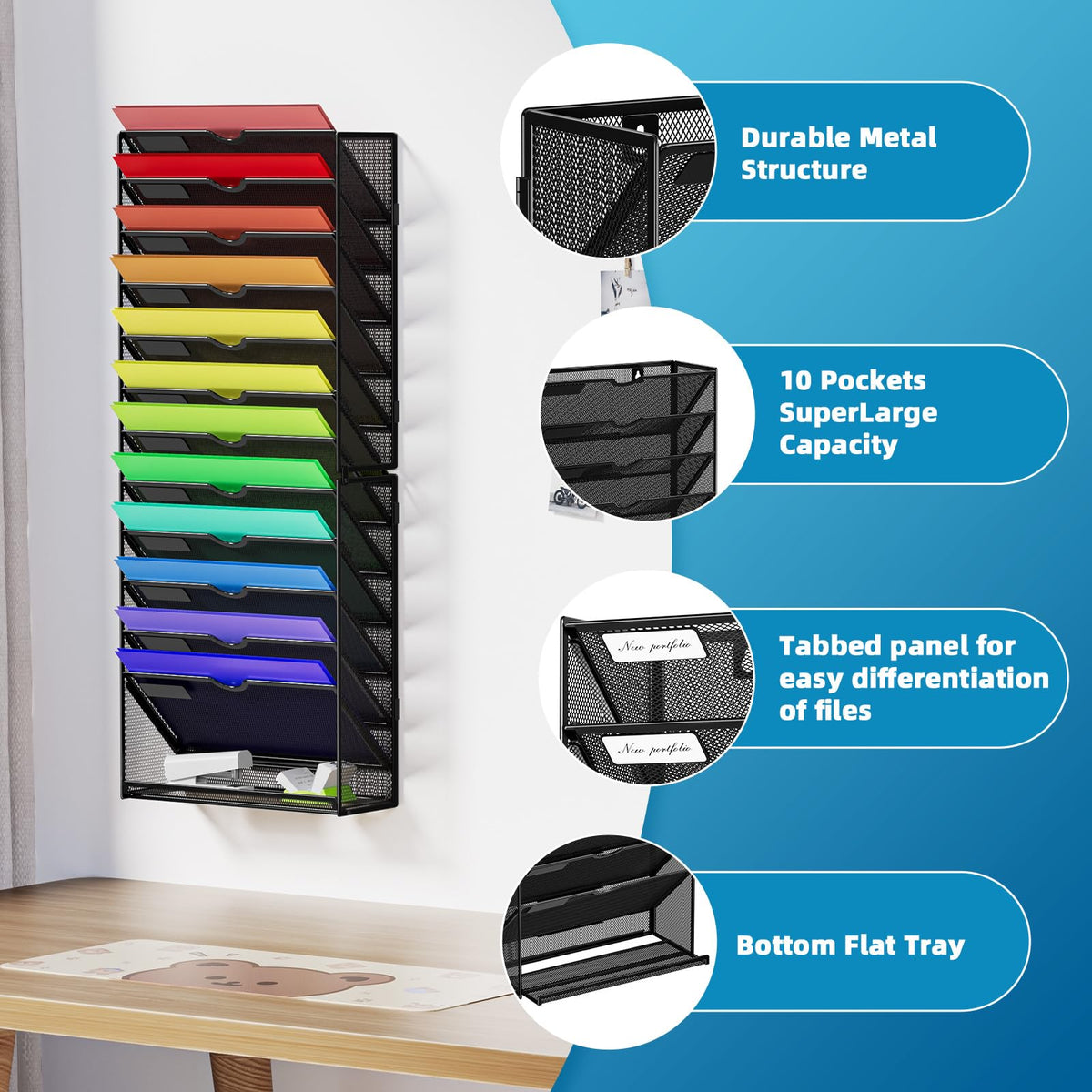 Marbrasse Wall File Holder 13-Tier Hanging Wall File Organizer, for Papers, Files Clipboard &