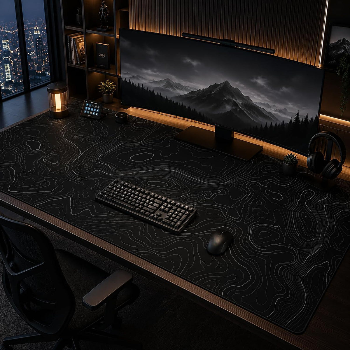 48x24 Inch Topographic Gaming Mouse Pad XXXXL,Extended Full Desk Mat Black